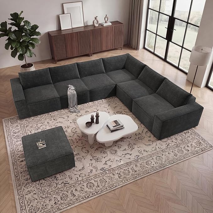 Vesgantti 143.7" Boneless Couch for Living Room, 6 Seater Modular Sectional Sofa with Ottoman & Deep Seat, Convertible Chenille Oversized Cloud Couches, No Assembly Required, Dark Grey