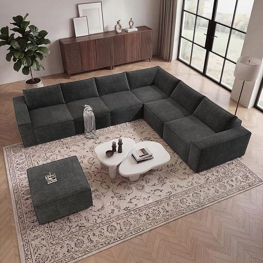 Vesgantti 143.7" Boneless Couch for Living Room, 6 Seater Modular Sectional Sofa with Ottoman & Deep Seat, Convertible Chenille Oversized Cloud Couches, No Assembly Required, Dark Grey