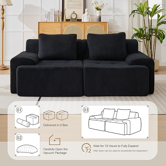Modular Sectional Sofa, Boneless Couches for Living Room, Corduroy Couch, Big Comfy Couch, Modular Cloud Sofa with Deep Seat (Black, 2 Pieces-Loveseat)
