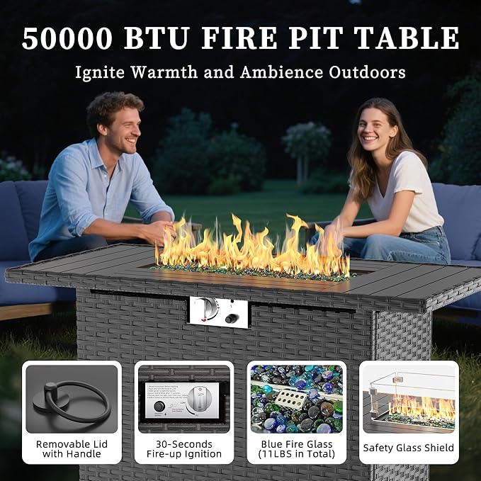 UDPATIO Patio Furniture Set with Fire Pit Table, Rocking Swivel Chairs, 5 Pieces Outdoor Furniture Sets, All-Weather Wicker Outdoor Sectional Sofa with Waterproof Cover, 4'' Thickened Cushion, Grey