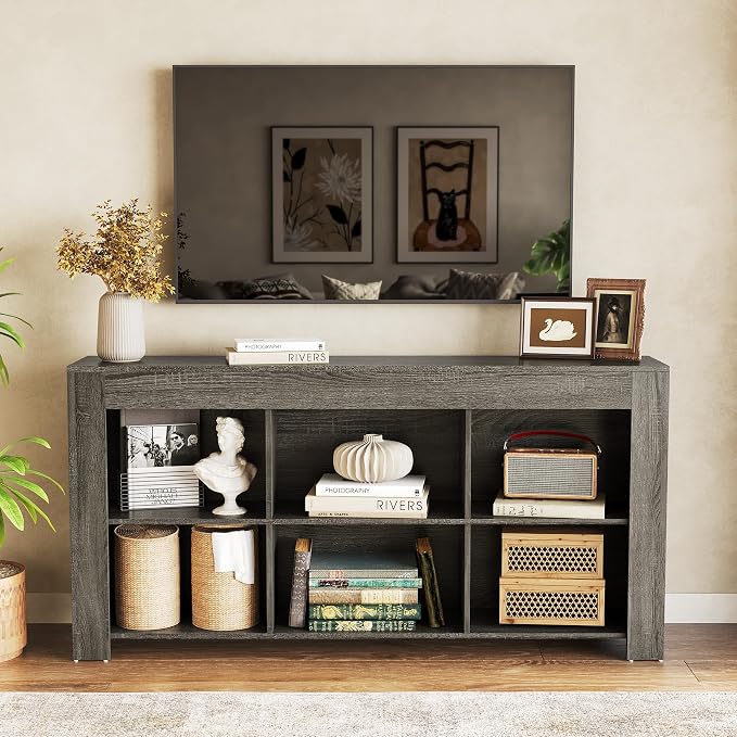 LITTLE TREE TV Stand with Storage, 63-Inch Entertainment Center with Shelves, Modern Media Console for Television up to 65" for Living Room, Bedroom, Grey + Black - Image 2