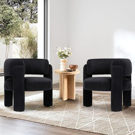 COLAMY Modern Velvet Accent Chairs Set of 2, Upholstered Barrel Chairs, Comfy Side Arm Chairs with 3 Legs for Living Room, Bedroom, Reading, Black