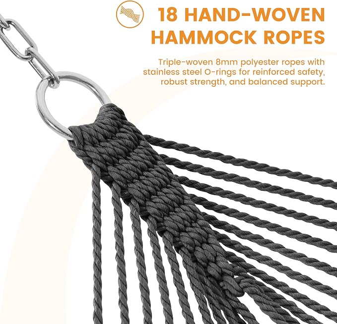 Lazy Daze Hammocks 10.5 FT Double 2 Person Caribbean Rope Hammock, Hand Woven Polyester Hammock with Spreader Bars, for Outside Outdoor Backyard Patio Poolside, 450 LBS Capacity, Gray - Image 5