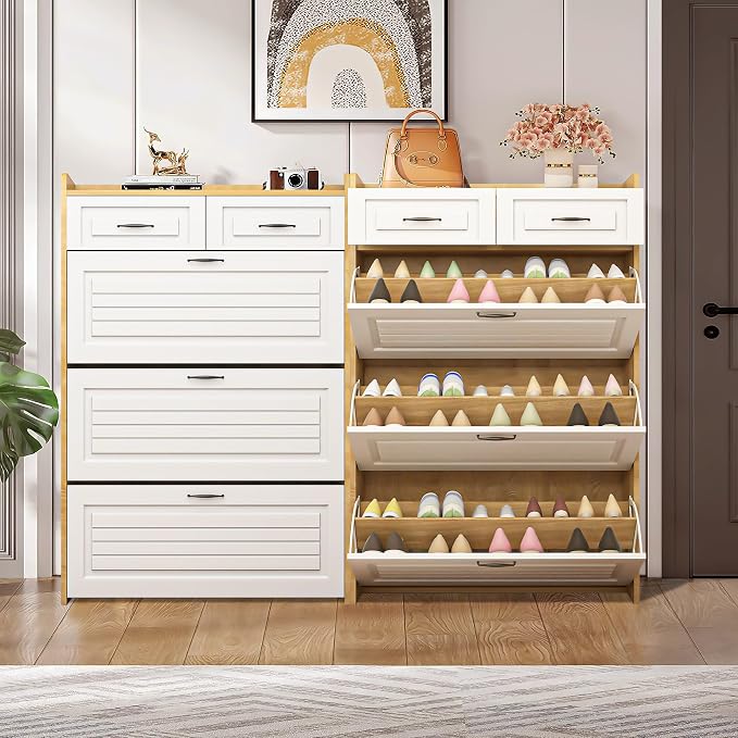 Vibe & Dine Shoe Cabinet with 3 Large Flip Drawers & 2 Storage Drawers, Narrow Shoe Organizer Cabinet Fits for Kinds of Shoes, Slim Shoe Storage Cabinet for Entryway, Hallway, Bedroom, Natural Wood - Image 6