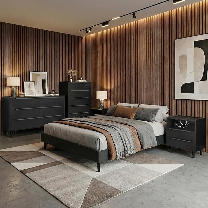 4PC Bedroom Furniture Set, Black Wood Grain 6-Drawer Dresser & 2 Charging Nightstands with Metal Handles, USB & Type-C Ports, AC Outlets, Open Shelf, Raised Edge Top, for Bedroom Apartment