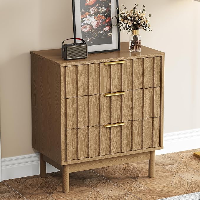 RoyalCraft 3 Drawer Nightstand, Modern Fluted Chest of Drawers, Wooden Storage Night Stand Side Table with Chic Edge Pull, Perfect for Bedroom, Living Room, Entryway, Natural Wood Tone by Bringyoubetterlife