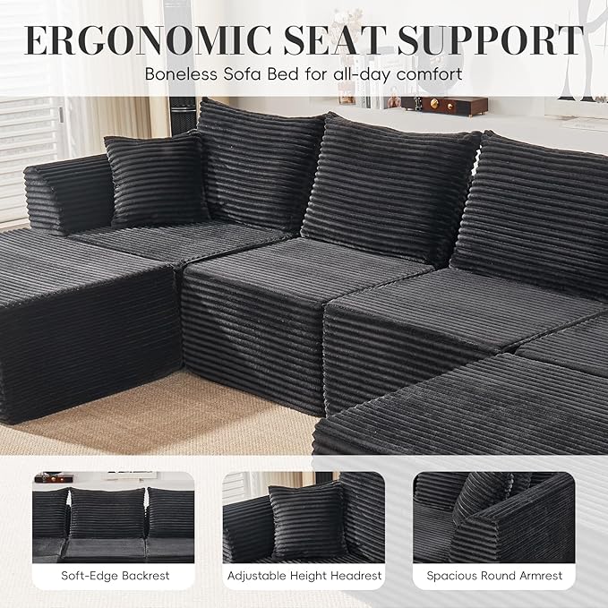 130" Modular Sectional Sofa,Modular Cloud Sofa,U-Shaped Cloud Couch with High-Density Foam & Corduroy Fabric,Boneless Couch Deep Seat Couch for Living Room Apartments Bedroom No Assembly Required ﻿ | Ready-to-Use, Durable Corduroy, Modular, Multi-Box D...