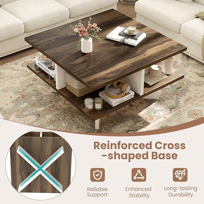 Giantex Square Coffee Table, Mid Century Modern Center Table with 4 Storage Compartments & Cross-Shape Base, 24 Inch Farmhouse Coffee Tables for Living Room (Walnut)