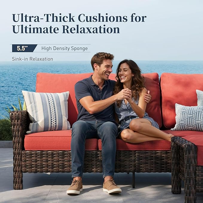 Patio Furniture Set with Swivel Chairs, High Back Wicker Rattan Furniture with 5.5" Thick Cushions and Coffee Table, Outdoor Conversation Set for Backyard Deck, 5 Seats, Red