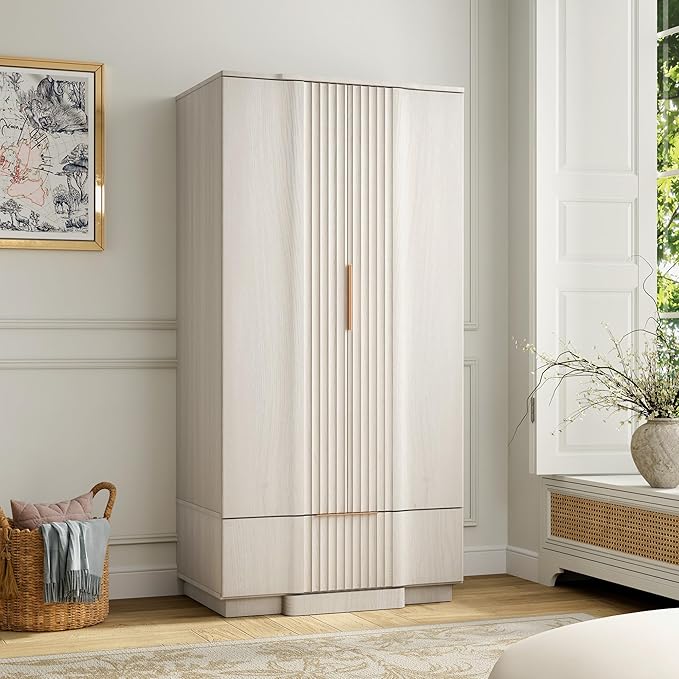 Yechen 67" Fluted Armoire Wardrobe Closet with Doors and Drawer, Wooden Wardrobe Cabinet with Adjustable Shelve, Modern Small Armoires for Hanging Clothes Coats for Bedroom, White Grey