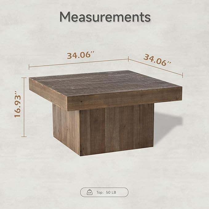 COZAYH Modern Farmhouse Wood Block Coffee Table, Rustic Square Table Chunk Table with Cubic Base for Family, Living Room, Lounge, Nature Wood Finish, Sturdy, Distressed, Rectangle