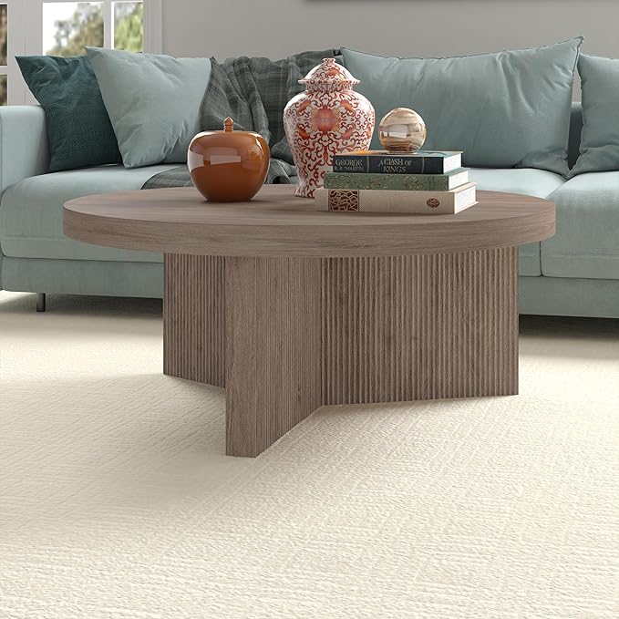 Henn&Hart 36" Fluted Round Low-Profile Coffee Table with Ribbed Pedestal Base for Living Room, Family Room, or Office, Weathered Gray