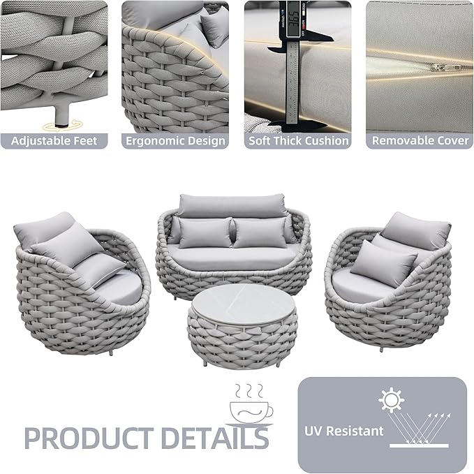 TWT 5 Pieces Patio Furniture Set, Outdoor Rope Conversation Sectional Patio Sofa with 5 Seater for Backyard, Porch, Modern Armchairs with Thickness Cushions and Side Table, Light Grey