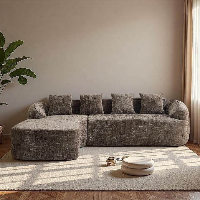 L Shaped Compression Sofa, Modern Modular Couch with Left Chaise Lounge & 4 Lumbar Pillows, Chenille Fabric Oversized 4-Seater Cloud Couch with Rounded Armrests for Living Room, Brown