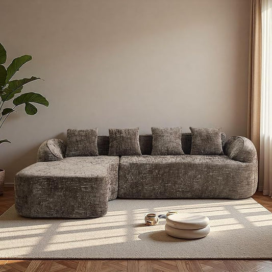 L Shaped Compression Sofa, Modern Modular Couch with Left Chaise Lounge & 4 Lumbar Pillows, Chenille Fabric Oversized 4-Seater Cloud Couch with Rounded Armrests for Living Room, Brown