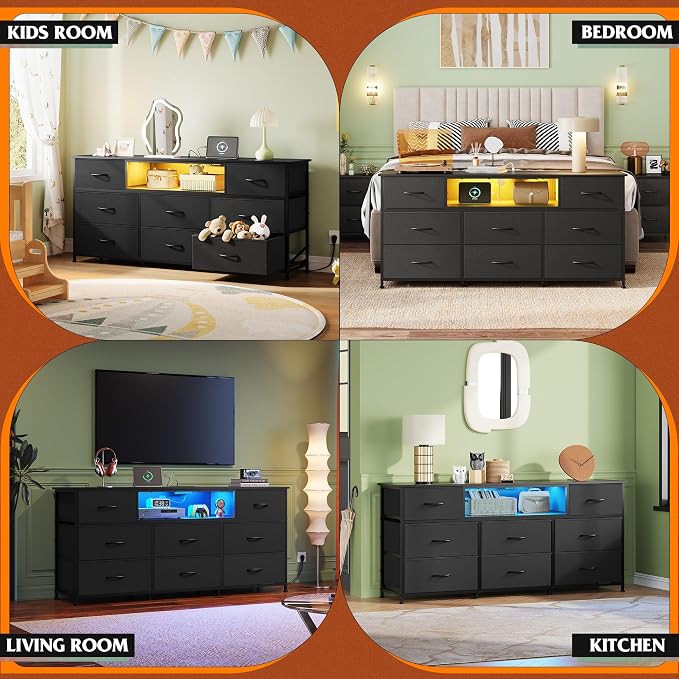 WLIVE Black Dresser TV Stand for 50, 55, 65 inch TV, Entertainment Center with LED Lights & Charging Station, Chest of Drawers with 8 Fabric Drawers and Open Shelves for Living Room, Hallway, Wood Top - Image 4