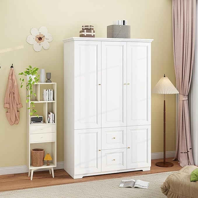 White Armoire Wardrobe Closet with Drawers: Wardrobe Closet for Hanging Clothes, Modern Bedroom Armoires with Hanging Rod, Wardrobes Closets with Doors and Shelves (White, 47")