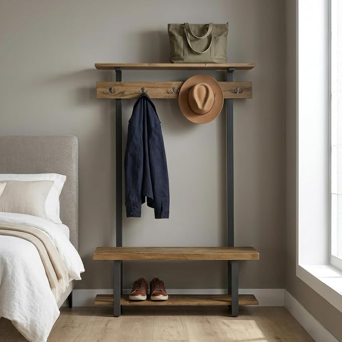 Alaterre Furniture Pomona Entryway Hall Tree – Modern Farmhouse 48-Inch Solid Wood Hall Tree with Bench, Shelves & Metal Coat Hooks – Mudroom & Foyer Storage for Jackets, Bags & Shoes (Rustic Brown) by AlaterreFurniture