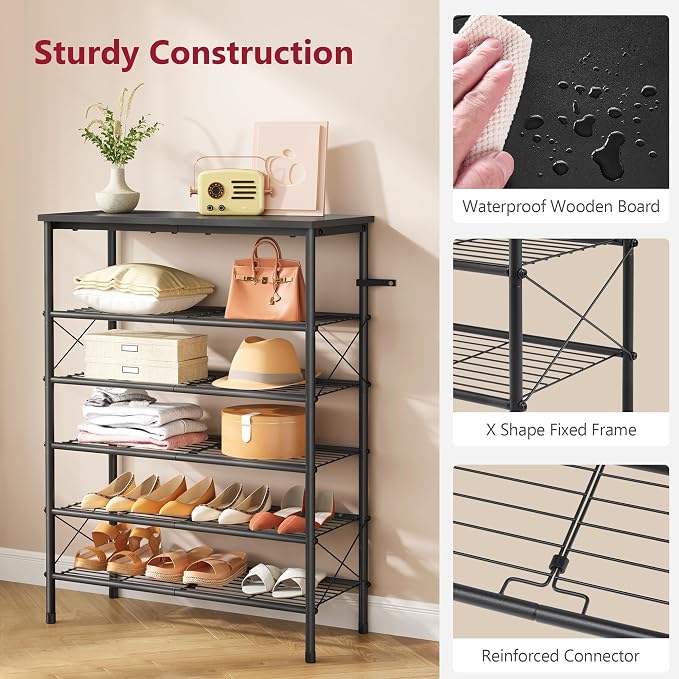 Tajsoon 6 Tier Shoe Rack Organizer for 20-24 Pairs of Shoes, Metal Mesh Shoe Shelf for Closet, Industrial Shoe Rack for Entryway Shoe Storage with X Shape Fixed Frame, Black - Image 5