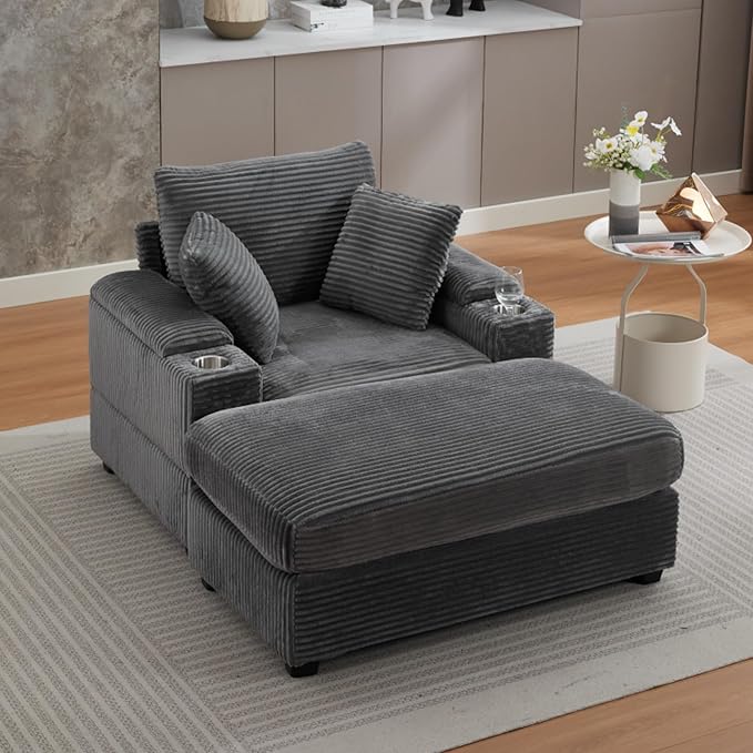 KEIKI Oversized Accent Chair with Ottoman, Chaise Lounge Chair Indoor with Handrail Storage, Cupholders, Oversized Sofa Bed, Deep Seat Sleeper Couch Reading Chairs for Living Room, Gray