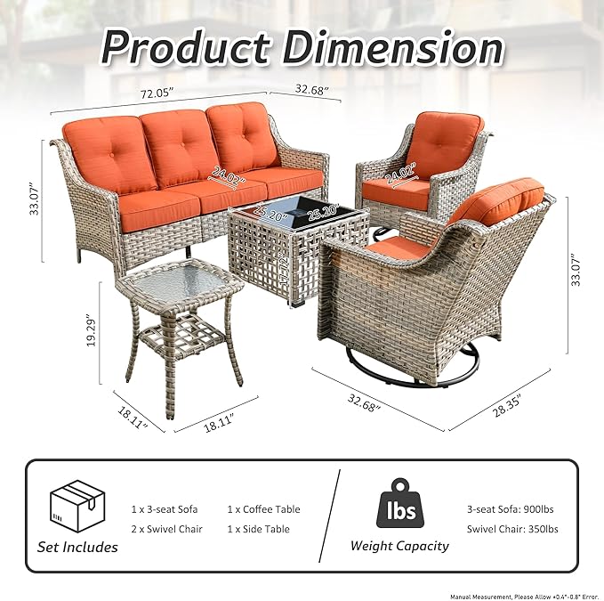 5 Pieces Patio Conversation Set,Wicker Swivel Rocking Chair and Coffee Table,All Weather Rattan Patio Furniture Set for Garden,Backyard,Poolside and Patio,Orange
