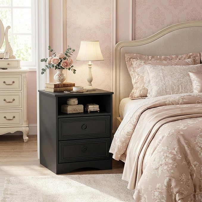 LGHM Set of 2 Nightstand, Large Night Stand with 2 Drawers, 17.7" W Accent Bed Side Table and End Table with Large Open Compartment for Bedroom, Living Room,Black - Image 3
