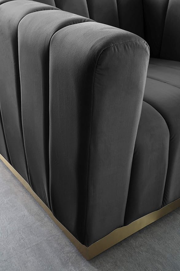 Meridian Furniture 603Grey-S Marlon Collection Modern | Contemporary Velvet Upholstered Sofa with Deep Channel Tufting, Stainless Steel Base in a Brushed Gold Finish, Grey, 86.5" W x 34" D x 28" H