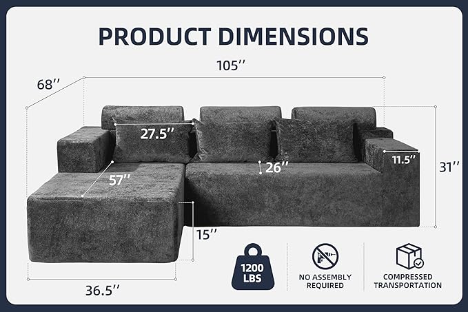 Homguava Modular Sectional Couches for Living Room,105" Cloud Couch with L-Shape Chaise,Comfy Sofa Living Room Couch with Deep Seat,No Assembly L Couch,Luxury Distressed Velvet(Grey,L)