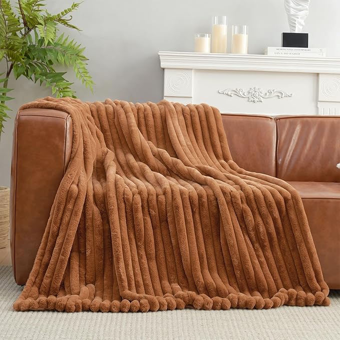 Amélie Home Faux Fur Throw Blanket for Couch, Cozy Fuzzy Fluffy Fur Luxurious Soft Striped Plush Gift Blankets for Family Sofa Chair Bedroom, 55"x70", Orange Brown