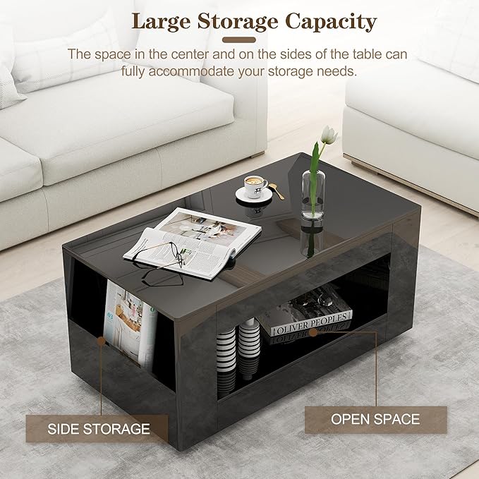 39" High Gloss Wood Coffee Table for Living Room, Sides Storage with Transparent Legs, Modern 2-Tier Storage Shelf Center Table for Home Office, Apartment, Black