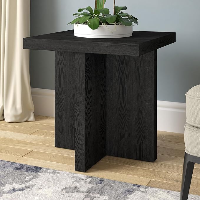 Henn&Hart 22" Scandinavian Square End Table, Side Table, Nightstand with X-Base for Living Room, Office, Family Room, or Bedroom, Black Grain