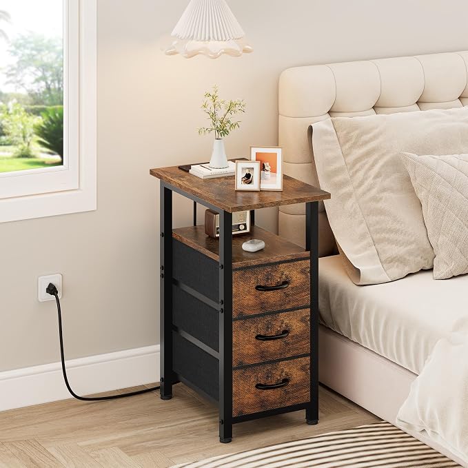 Vagusicc Set of 2 Night Stand with Charging Station, Narrow Nightstand with U-S-B Ports and Outlets, Small Night Stand 3 Fabric Storage Drawers, Small Bedside Table, Rustic Brown - Image 2