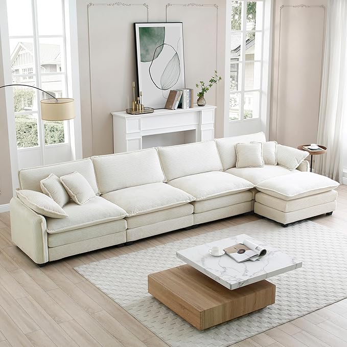 KEIKI 150" L-Shaped Oversized Corduroy Modular Sectional Sofa with 1 Ottoman, High-Density Foam Cushions, Removable Armrests, Upholstered 4-Seater Corner Couch with 6 Pillow, for Living Room, Beige