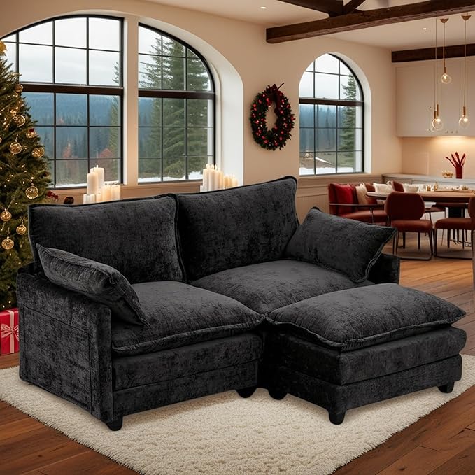 Modular Sectional Cloud Couch, 78" L Shaped Sectional Comfy Couchs for Living Room, 2 Seat Convertible Modular Sofa Couch with Ottomans for Living Room, Apartment, Black