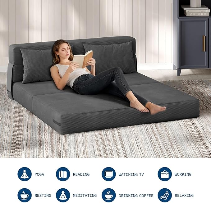 Garvee 4-in-1 Folding Sofa Bed & Chair Bed - Convertible Sleeper, Fold Out Loveseat Sofa Couch with Pillow, Tufted Floor Lounge for Living Room, Bedroom, Guest Room, Dark Gray