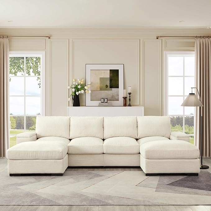 122" Oversized Modular Sectional Sofa Cloud Couch with 2 Ottomans, Comfy Corduroy Upholstered Deep Seat Large U Shaped Lounge Sofa&Couches with Hidden Arm Storage Box
