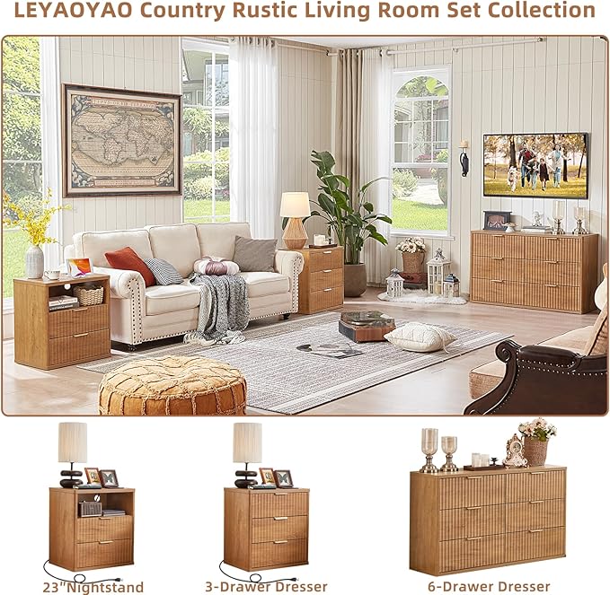 LEYAOYAO 48" Wide Fluted Dresser and 23" Nightstand Set of 2, Wooden Dresser & Night Stand with Charging Station, 3 Piece Bedroom Furniture Set, Chest of Drawer for Living Room,Brown