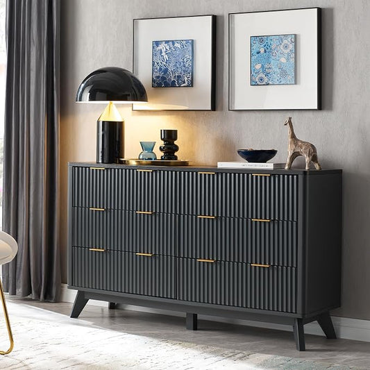 T4TREAM Fluted 6 Drawers Dresser, 54" Wide Modern Chest of Drawers with Faux Marble Top, Curved Profile Design, Dresser TV Stand, Wood Drawer Organizer for Bedroom, Living Room, Hallway, Dark Grey by T4TREAMFurniture