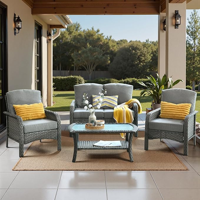 Wicker Patio Furniture Set High Back Loveseat Sofa Couch Armchair Coffee Table, All Weather Rattan 4 Pieces Outdoor Conversation Sets for Patio Porch Deck Backyard Poolside, Dark Gray