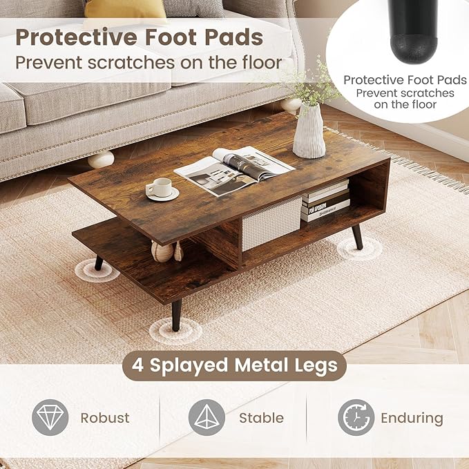 GOFLAME Wood Coffee Table, 2-Tier Mid Century Modern Center Table with 2 Open Storage Compartments & Metal Legs, Rectangular Accent Tea Tables for Living Room, Home Office, Apartment, Rustic Brown