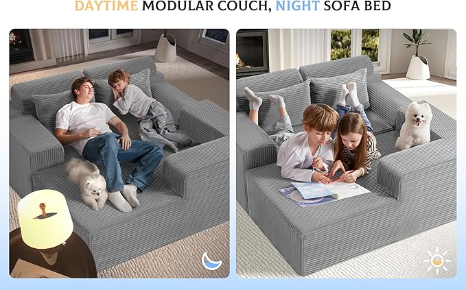 Homguava Modular Sectional Couches for Living Room,105" Cloud Couch with L-Shape Chaise,Comfy Sofa Living Room Sofas with Deep Seat,No Assembly L Couch,Corduroy Fabric(Light Grey,R)