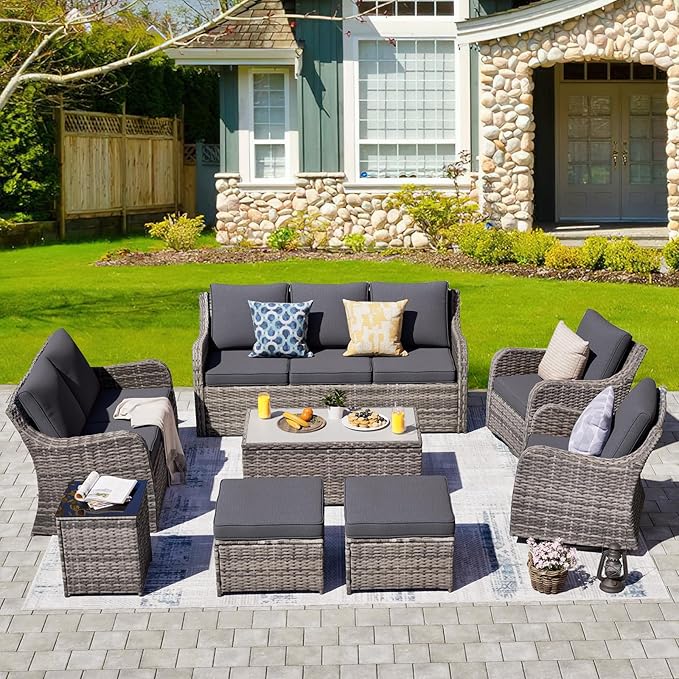 MEISSALIVVE Patio Furniture Set with Swivel Rocking Chairs, 8 Pieces Patio Conversation Set, Outdoor Wicker Sofa Couch with Waterproof Cushions for Lawn Backyard Porch (Grey)