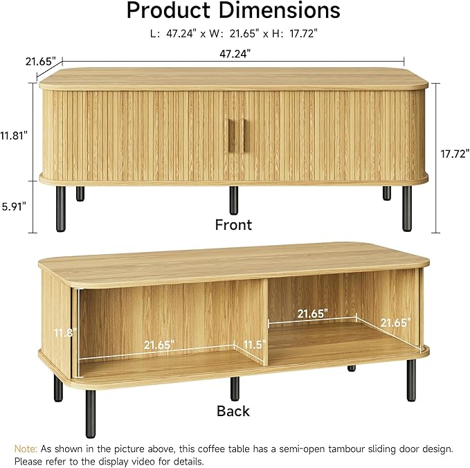 Coffee Table with Storage, 47.2" Mid Century Modern Coffee Tables for Living Room, Rectangle Wood Center Table with Sliding Tambour Door & Adjustable Leg for Living Room, Oak