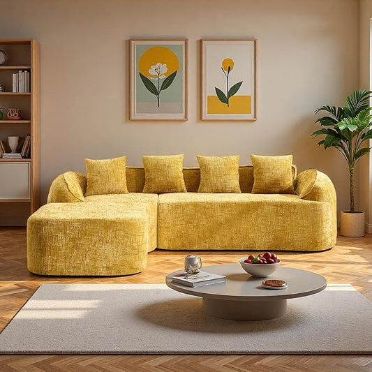 L Shaped Compression Sofa, Modular Couch with Curved Armrests & 4 Coordinating Pillows, Modern 101'' Chenille 4 Seater Sofa with Wide Seat for Living Room, Bedroom, No Assembly, Yellow