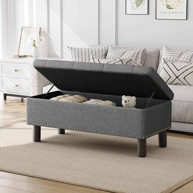 Furniliving Ottoman Bench with Storage, Folding Storage Ottoman Bench with Wood Legs, Upholstered Bedroom Bench with Button-Tufted, Entryway Bench Storage Bench for Bedroom, Linen (Darkgrey) - Image 4