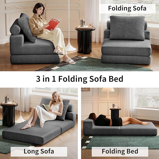 Folding Sofa Bed, 3-in-1 Convertible Sleeper Chair Bed with Pillows, Foldable Floor Couch with High-Density Foam, Futon Small Boneless Couch for Living Room Bedroom Lounge, Single, Gray