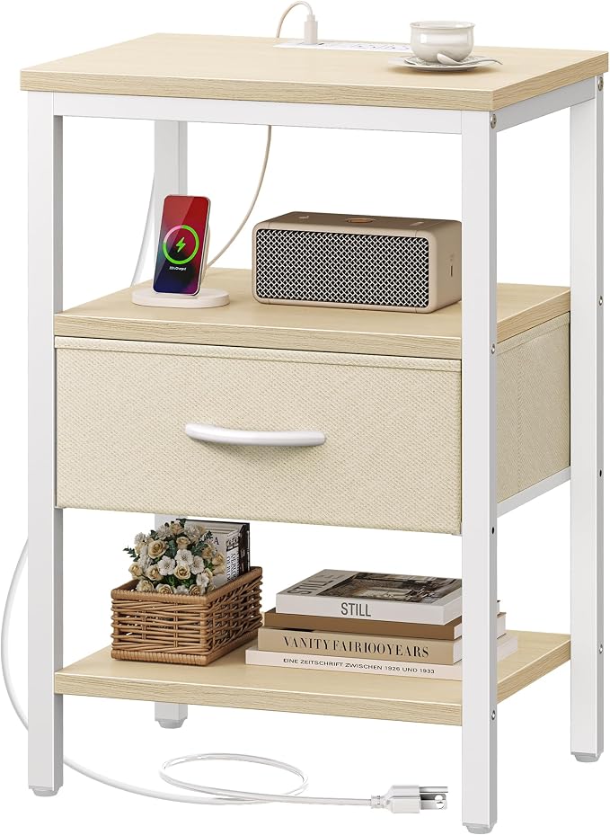 SUPERJARE Nightstand with Charging Station, Bed Side Table with Adjustable Fabric Drawer, Night Stand for Bedroom, 3-Tier Storage End Table, for Living Room, White Maple by SUPERJARE