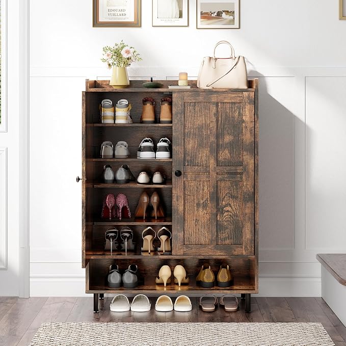 ONBRILL Shoe Storage Cabinet with Cross Molding Doors, 6-Tier Shoe Cabinet with 3 Adjustable Shelves and Metal Legs, 45 Inch Tall Shoes Rack Organizer for Entryway, Front Door, Rustic Brown - Image 8