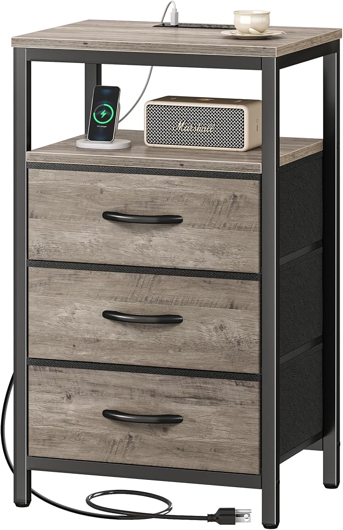 Huuger Nightstand with Charging Station, 27.6 Inch End Table Bedside Table with USB Ports and Outlets, Night Stand for Bedroom, Fabric Drawers, Oak - Image 9