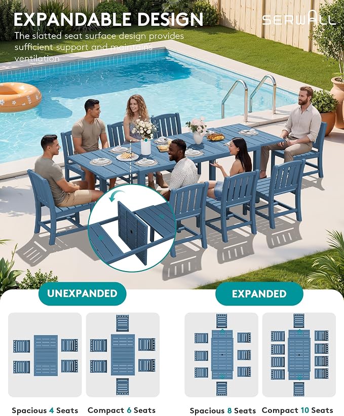 SERWALL 9-Piece Outdoor Dining Set, 60" - 83" Expandable Outdoor Dining Table and 8 HDPE Chairs, All Weather HDPE Outdoor Furniture Set for Backyard, Garden, Blue - Image 3